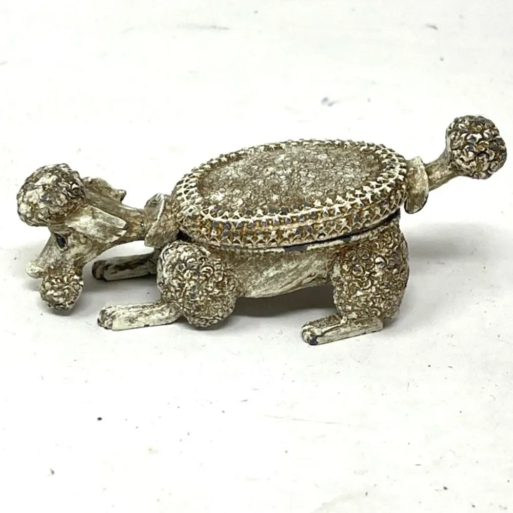 Vintage Florenza Metal Ormolu Poodle Dog Pill Trinket Box Topaz Rhinestone Eyes